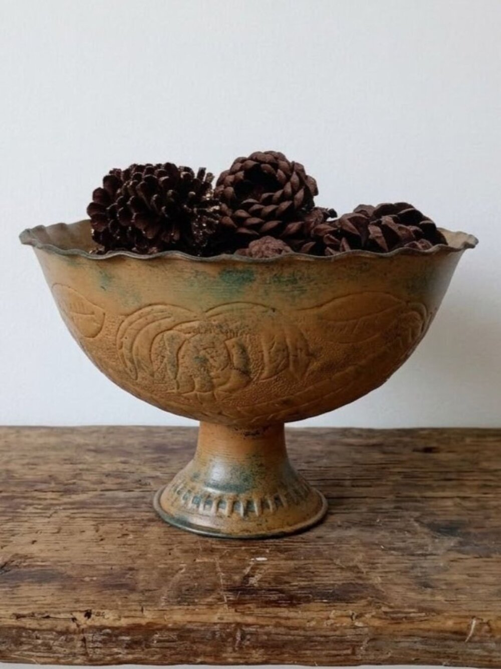 Vintage Benalex Home Metal Pedestal Bowl Verdigris Footed Centerpiece India 10.5